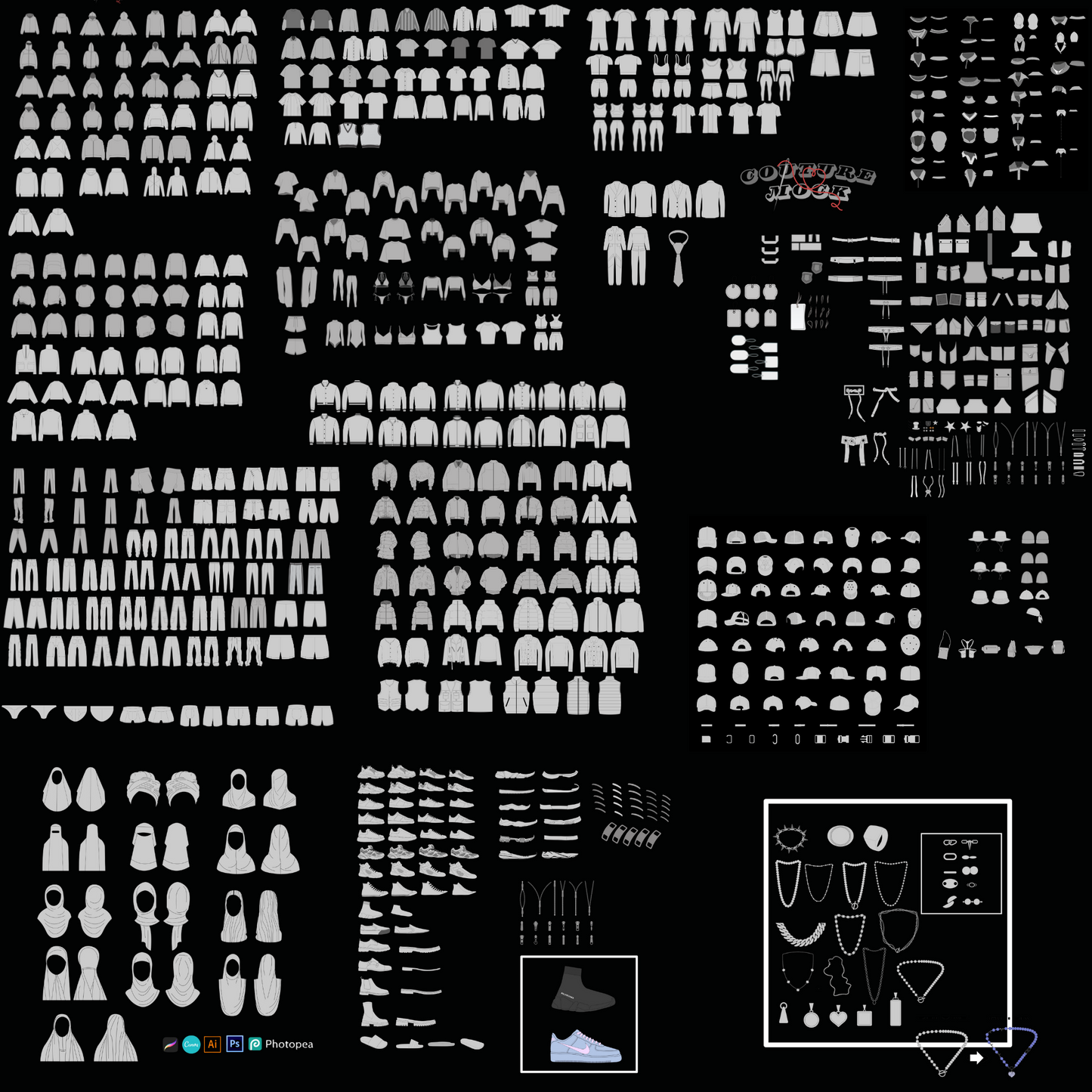 MEGA PACK! + 500 CLOTHING AND ACCESSORY VECTOR MOCKUPS + (POCKETS, COLLARS, HOODS...) + TUTORIALS! 95 3D MOCKUPS AND 2 MANNEQUINS, TECH PACK WITH A GUIDE, OVER 3000 MANUFACTURERS WORLDWIDE! NEW DESIGNS ADDED MONTHLY!