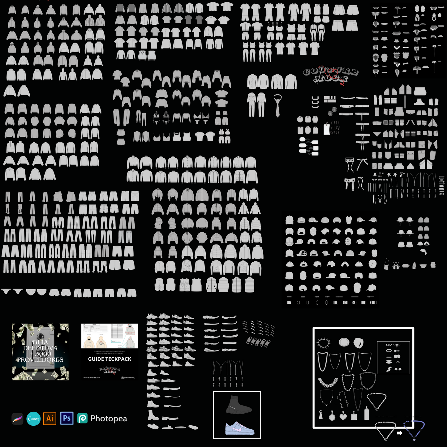 MEGA PACK! + 500 CLOTHING AND ACCESSORY VECTOR MOCKUPS + (POCKETS, COLLARS, HOODS...) + TUTORIALS! 95 3D MOCKUPS AND 2 MANNEQUINS, TECH PACK WITH A GUIDE, OVER 3000 MANUFACTURERS WORLDWIDE! NEW DESIGNS ADDED MONTHLY!