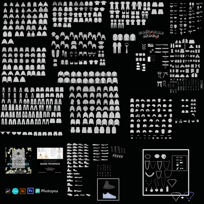 MEGA PACK! + 500 CLOTHING AND ACCESSORY VECTOR MOCKUPS + (POCKETS, COLLARS, HOODS...) + TUTORIALS! 95 3D MOCKUPS AND 2 MANNEQUINS, TECH PACK WITH A GUIDE, OVER 3000 MANUFACTURERS WORLDWIDE! NEW DESIGNS ADDED MONTHLY!