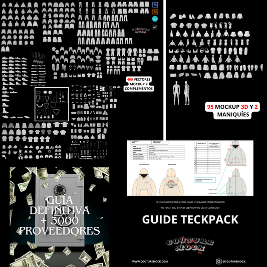 MEGA PACK! +400 VECTOR MOCKUPS WITH ACCESSORIES (CLOTHING OF ALL STYLES, SHOES, JEWELRY...), 95 3D MOCKUPS AND 2 MANNEQUINS, TECH PACK WITH GUIDE, +3000 MANUFACTURERS FROM AROUND THE WORLD!