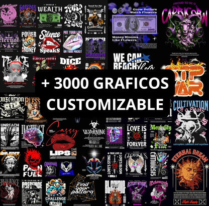 + 3000 DISEÑOS GRAFICOS PERSONALIZABLES PARA TU MARCA DE ROPA, + 1000 EFECTOS DE LETRAS PERSONALIZABLES, + 30 YK2 LOGO TEMPLATE (PERSONALIZA TU LOGO)